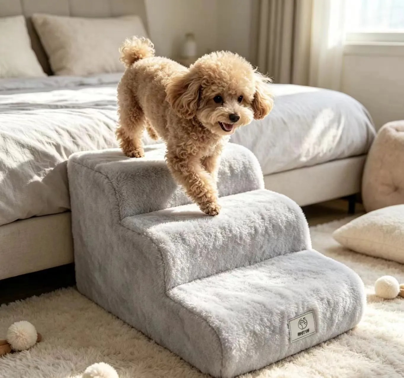 Whiskerly | CloudStep™ Plush Pet Stairs – 3-Tier Non-Slip Foam Steps for Small Dogs & Cats 