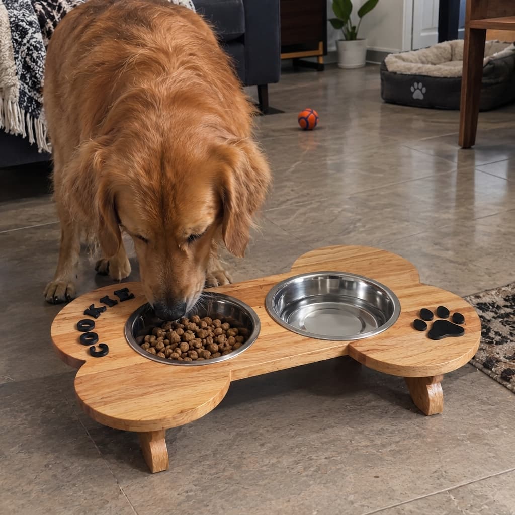 Whiskerly |  Woodland Feast™ Personalized Bone-Shaped Elevated Pet Feeder – Bamboo Double Bowl Stand with Stainless Steel Bowls