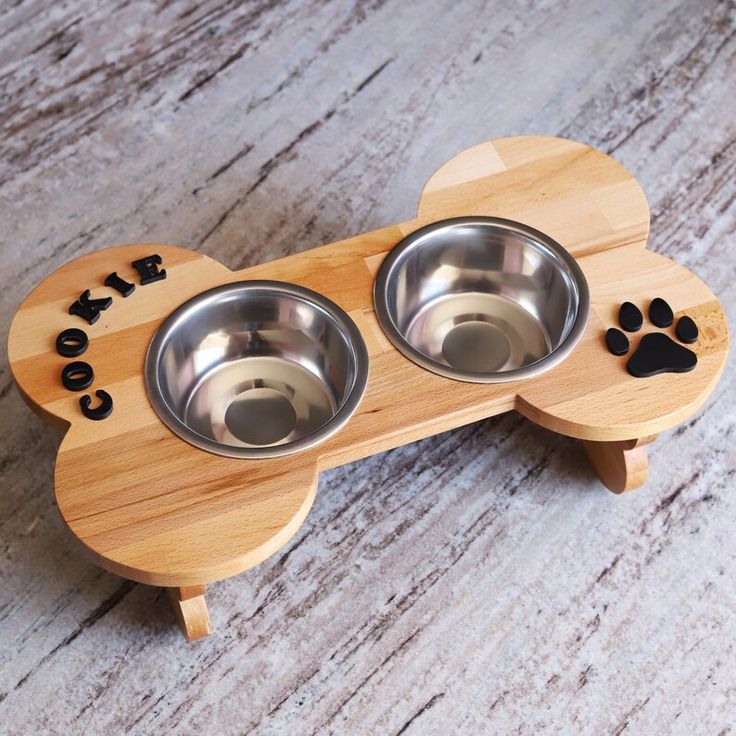 Whiskerly |  Woodland Feast™ Personalized Bone-Shaped Elevated Pet Feeder – Bamboo Double Bowl Stand with Stainless Steel Bowls thumbnail 2