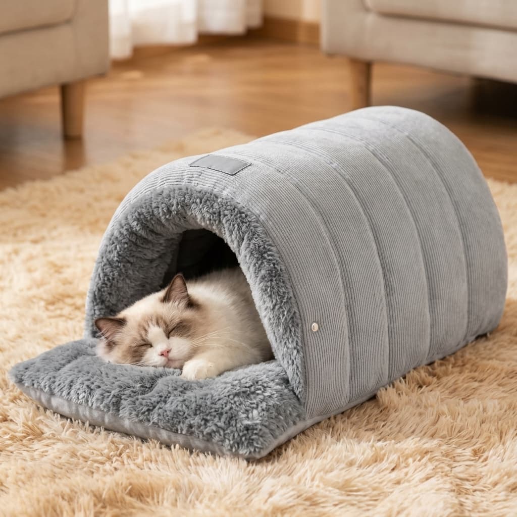 Whiskerly | Cozy Cave™ 2-in-1 Convertible Pet Sleeping Bag & Cave Bed – Ultra-Soft Plush Winter Nest for Cats & Small Dogs