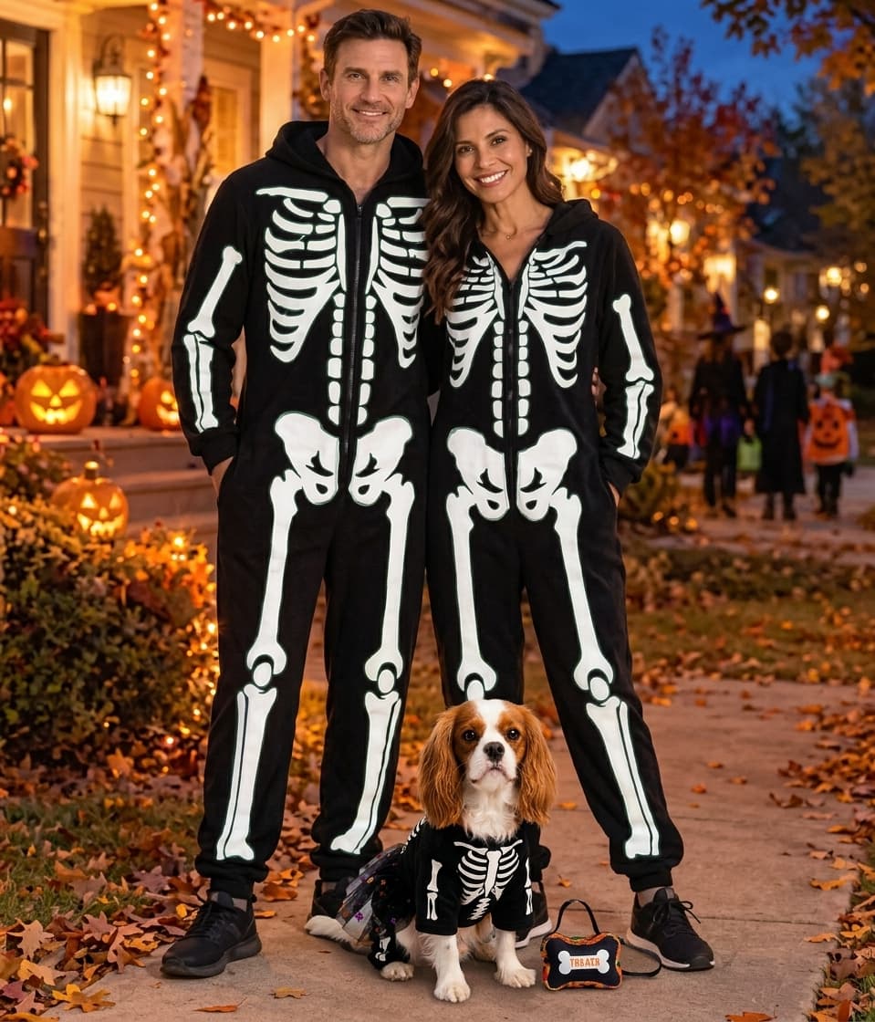 Whiskerly | Spooky Family™ Matching Skeleton Costume Collection – Adult Hooded Onesies & Pet Skeleton Outfit with Treat Pouch thumbnail 2